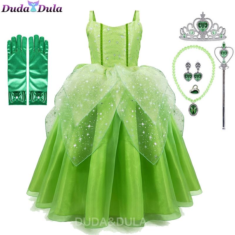 Girls Princess Tiana Dress Up Costume Cosplay Princess and The Frog Clothing Birthday Party Halloween Fancy Ball Gown