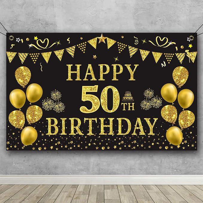 Gefeliciteerd met je 50ste Verjaardag Banner Achtergrond Zwart Goud Verjaardagsbanner Feestdecoratie Achtergrond Mannen en Vrouwen