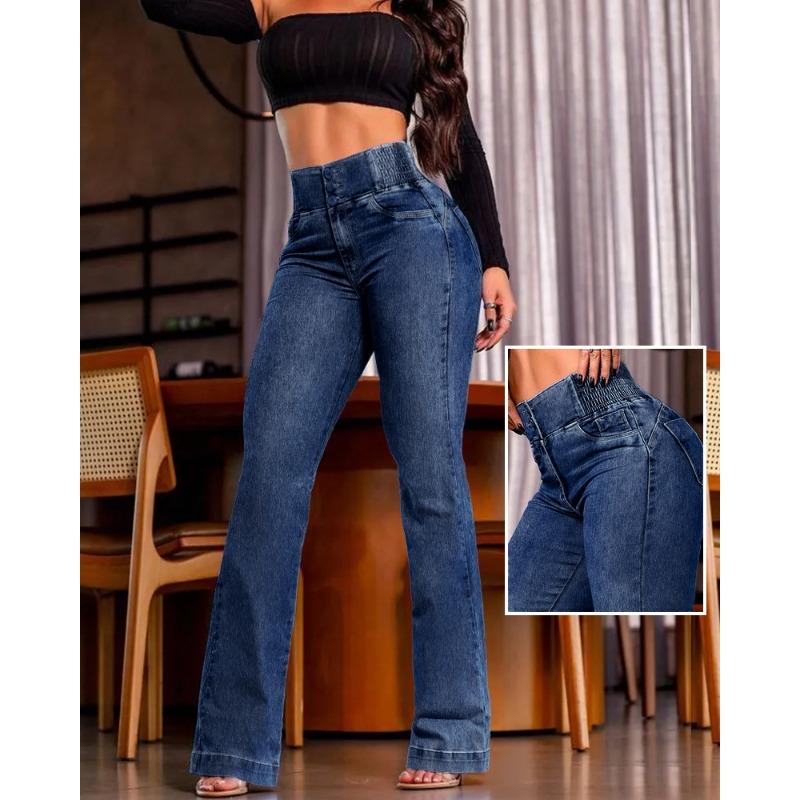 Эластичные утягивающие брюки из денима с высокой талией, слегка расклешенные и приподнимающие бедра S темно-синий