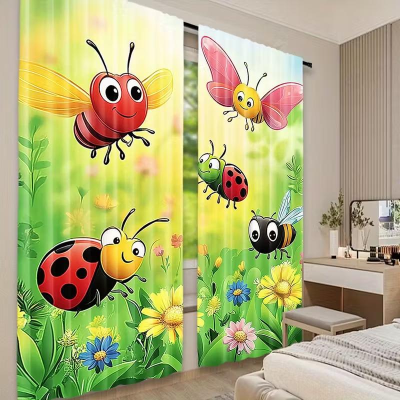 2Pcs Cartoon Insects Floral Printed Curtains, Designed For Light Filtering, Durable Material, Perfect For Kids' Room Daily Windo