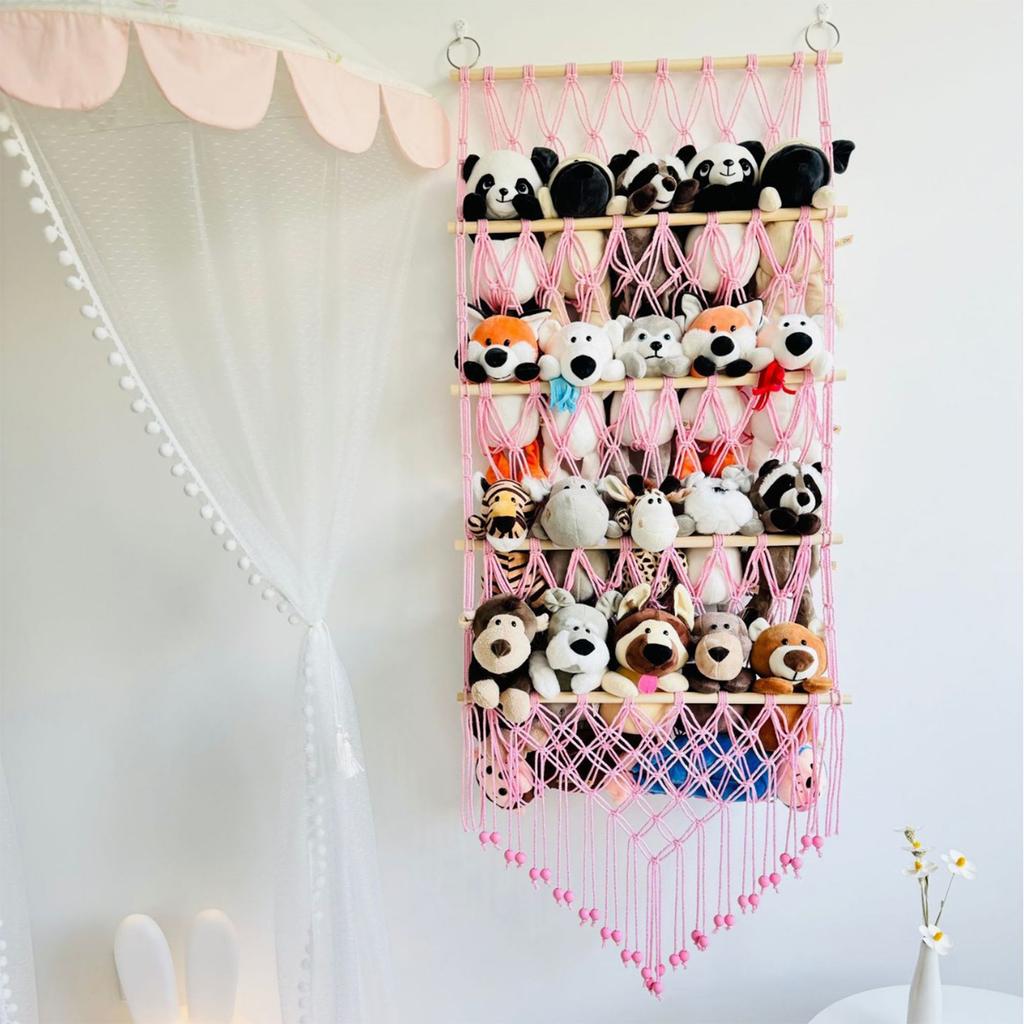 Hanging Storage Net for Plush Toy Decorative Wood and Cotton Hanging Organiser Storage Holder Rack for Kids' Toy
