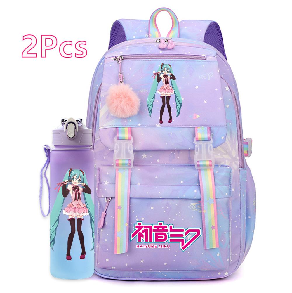 2 st/set Söt Hatsune Miku-tryckt Ryggsäck med 750 ml Vattenflaska för Tonårsflicka Pojke Skolväska Stor Kapacitet Vattentät Resväska Gåva