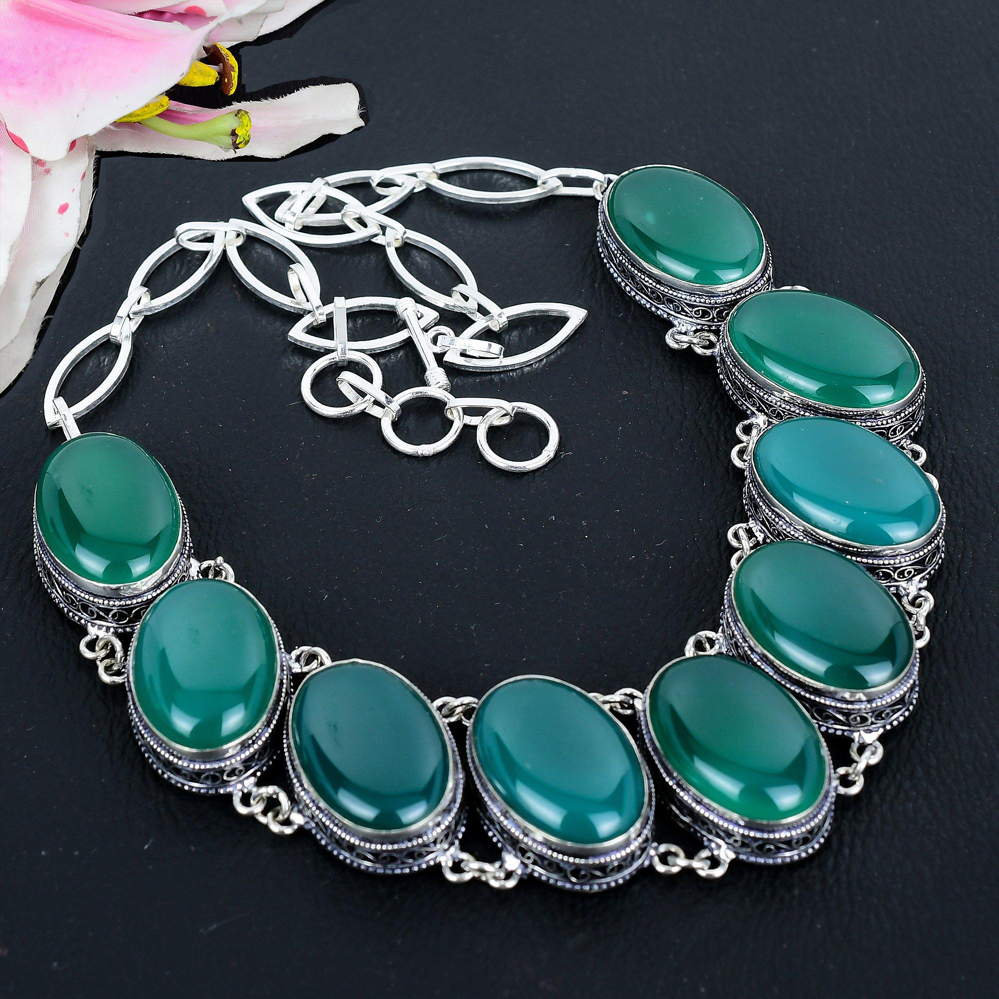 

Green Onyx Gemstone Handmade 925 Sterling Silver Jewelry Necklace 18 KG-1627