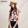 Zhaojun Women's Floral Print Mulberry Silk Tie-Neck Blouse