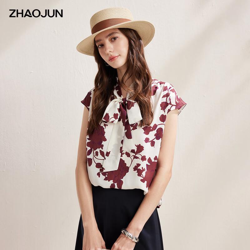 Zhaojun Women s Floral Print Mulberry Silk Tie-Neck Blouse 2XL