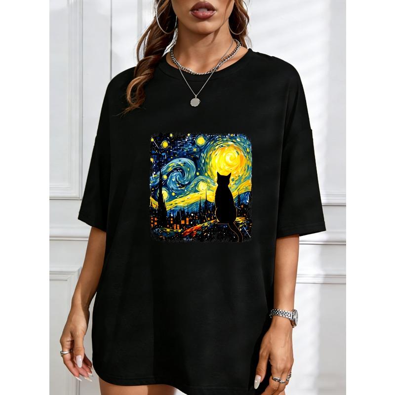 Women Casual T Shirt White Starry Night Cat Art Print For Everyday Wear And Art Lovers