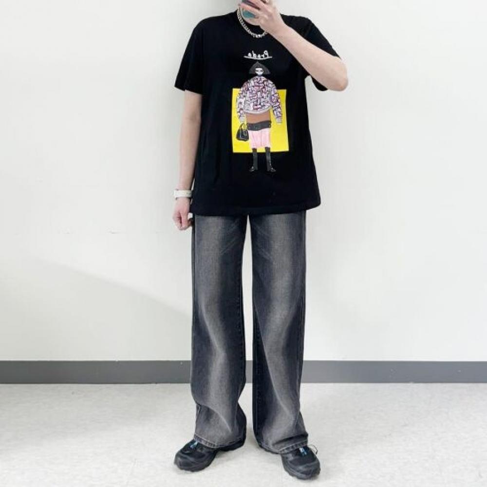 Mizqz No Cut 2  Mid Length Vintage Wash Long Wide Denim Pants Big Size
