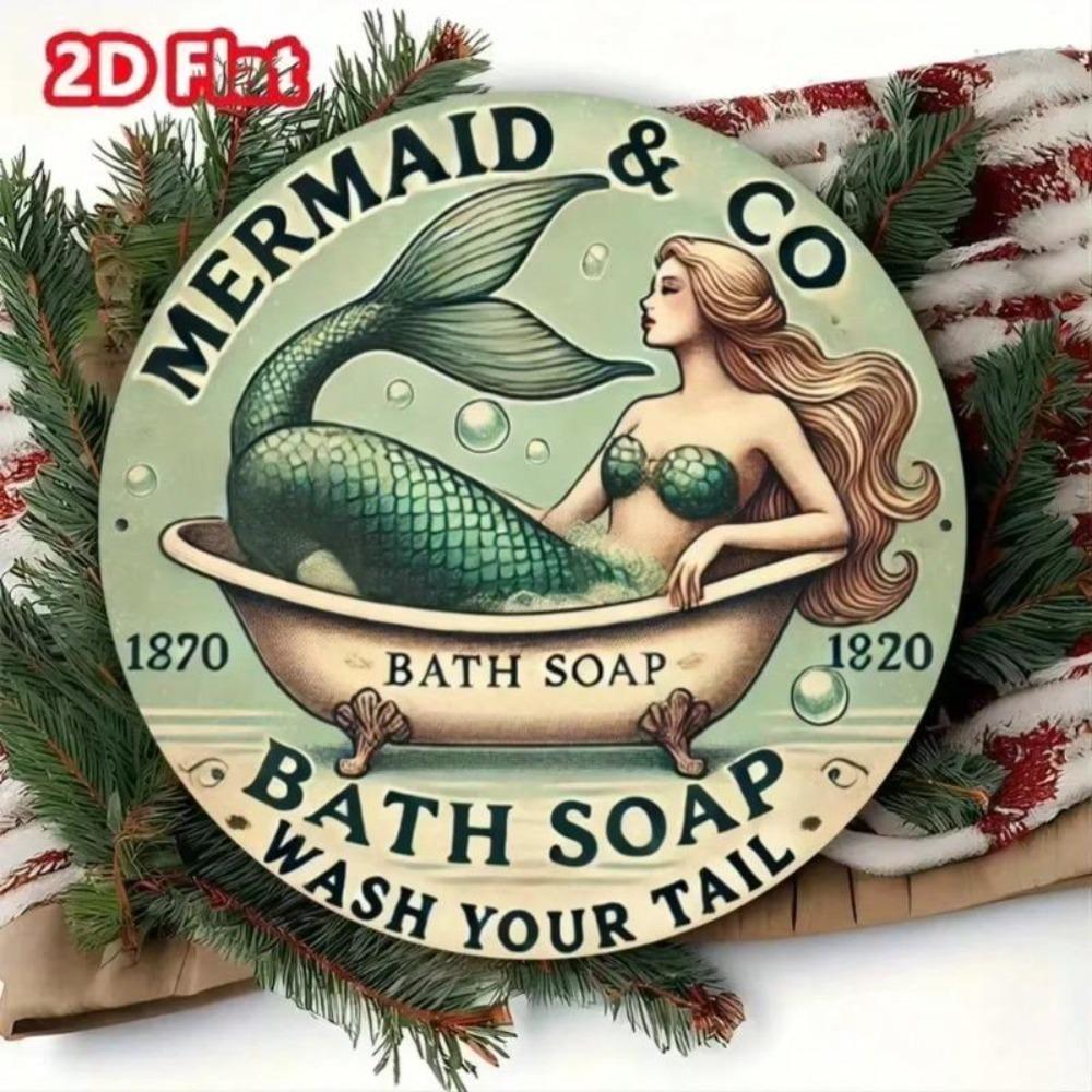 Vintage Tin Metal Sign Mermaid Bathroom Decor Rustic Farmhouse Wall Art