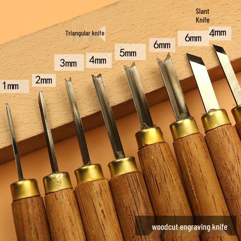 Set cuțit de sculptură în lemn: Lame plate, rotunde, bizotate pentru gravură manuală pe bloc de lemn
