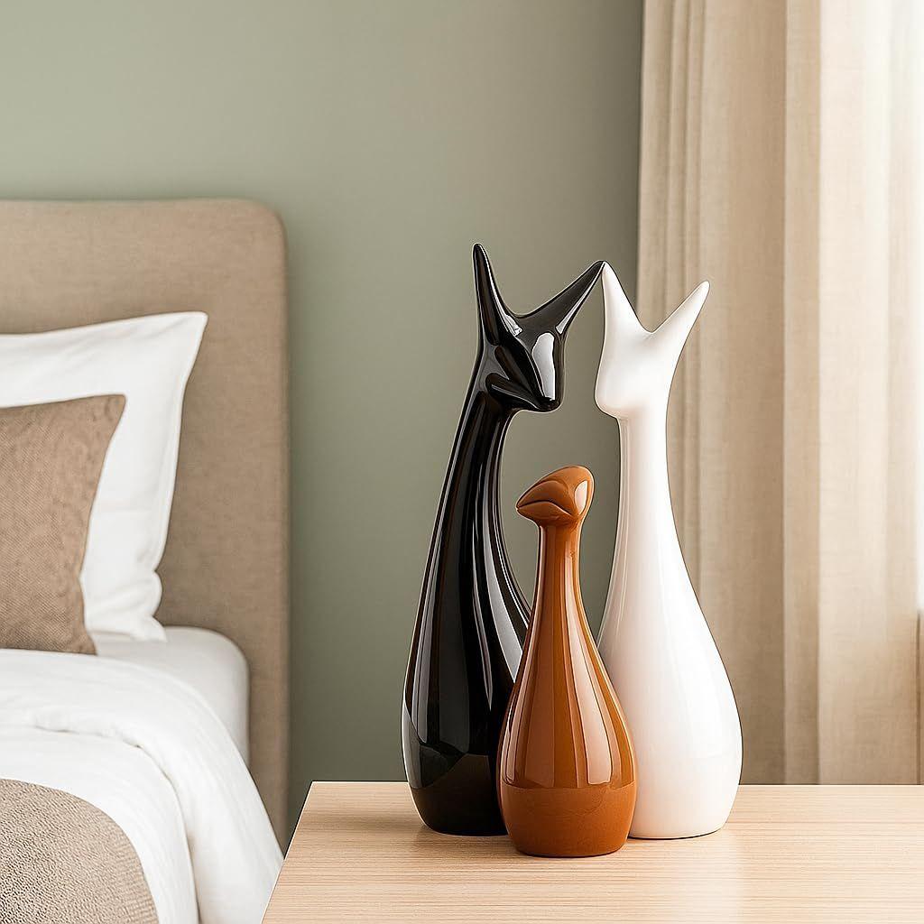 Home Decoration Lucky Deer Family Set | Piano Finish Ceramic Figures - (Set of 3, Black, White & Brown - Deer Family)