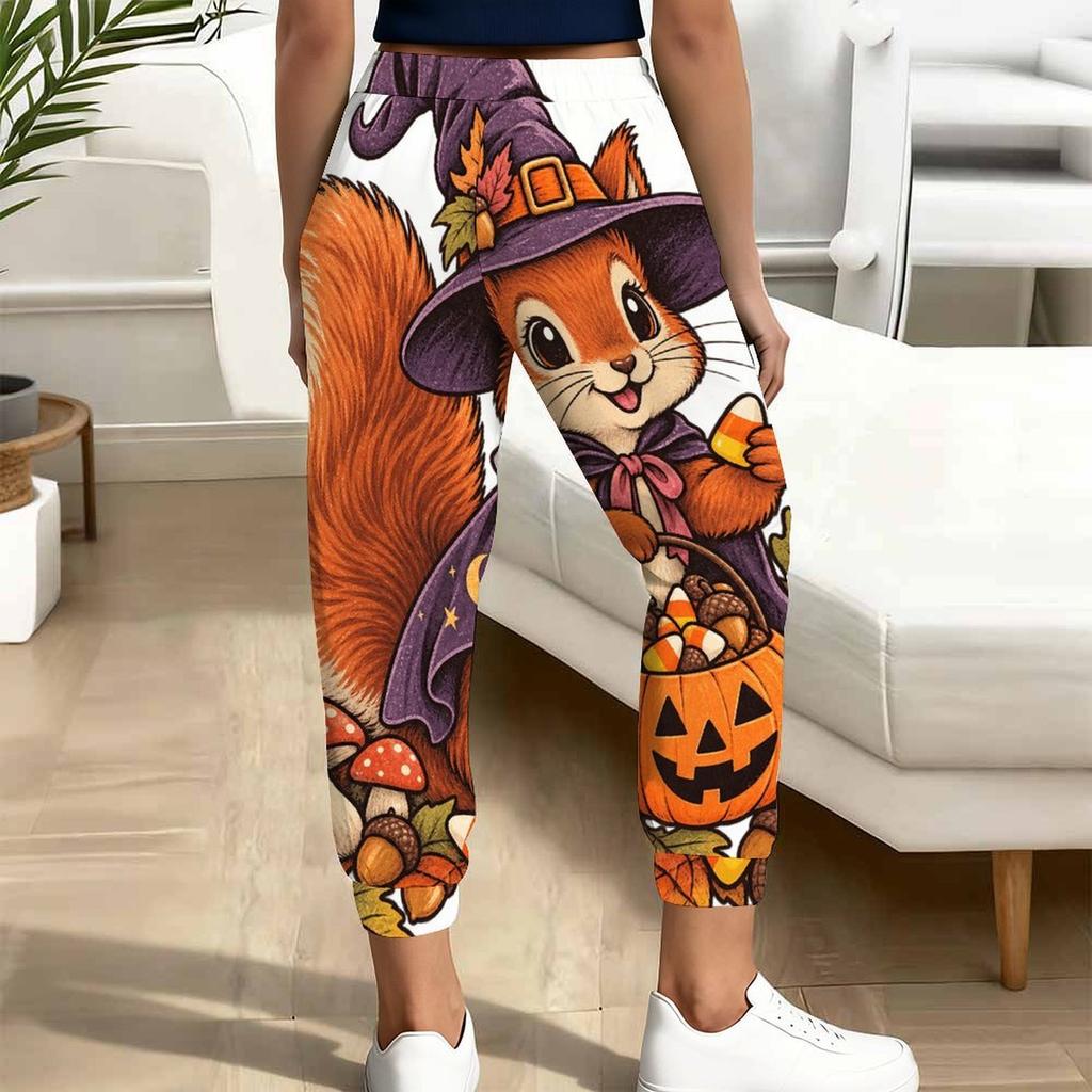 Women Plus Size Cartoon Printed Jogger Pants Drawstring Waist Side Pockets Cuffed Ankle Casual Trousers