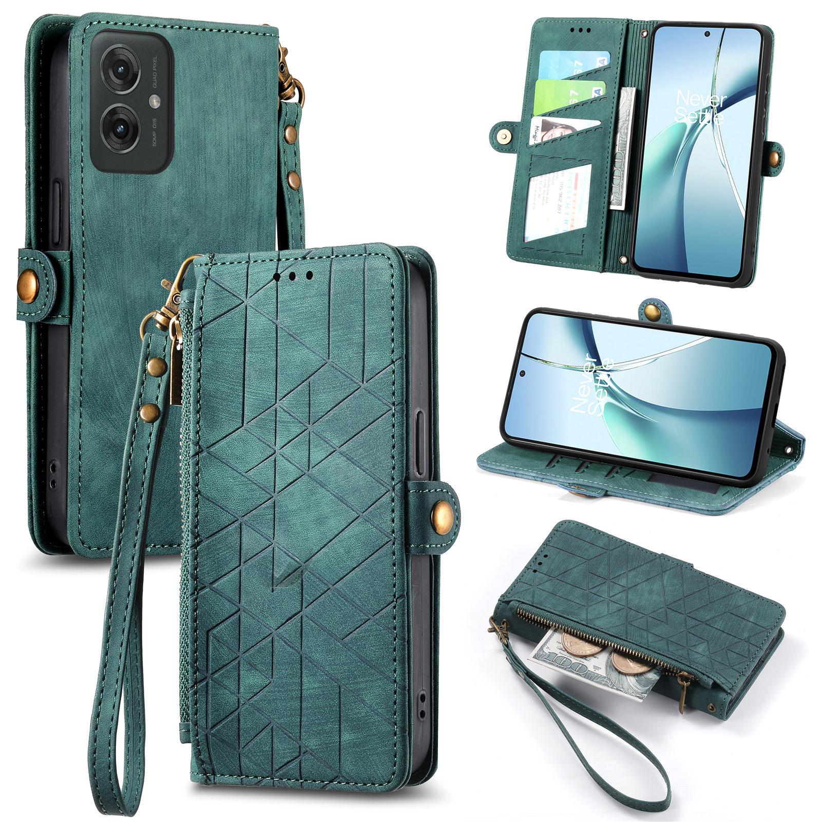 

For Motorola Moto G55 5G PU Leather Stand Wallet Cover Geometry Imprinted Phone Case Green