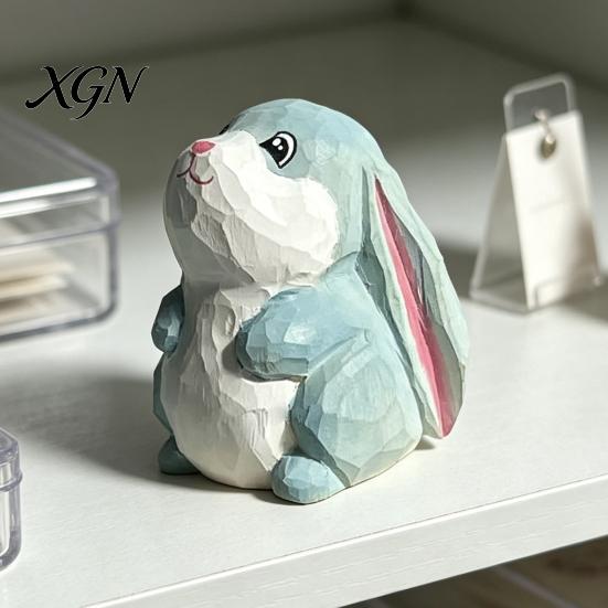 Handmade Animal Statue for Shelves Hand-Carved Lop-Eared Bunny Ornament, Cute Desk Figurine, Natural Wood Carving Art Small Decorative Entryway