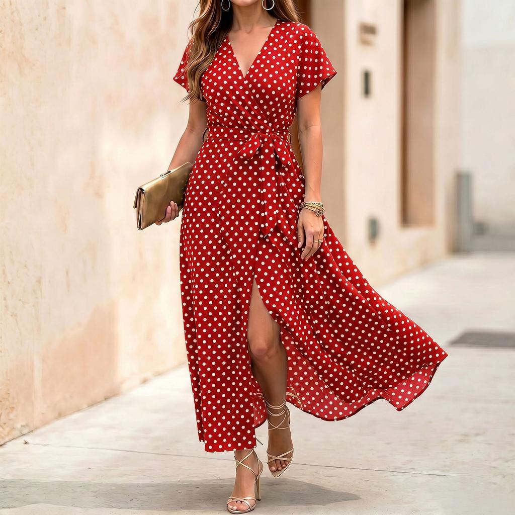 Women's V-Neck Short Sleeve Polka Dot Shirt Dress with Tie Waist and Flared Skirt