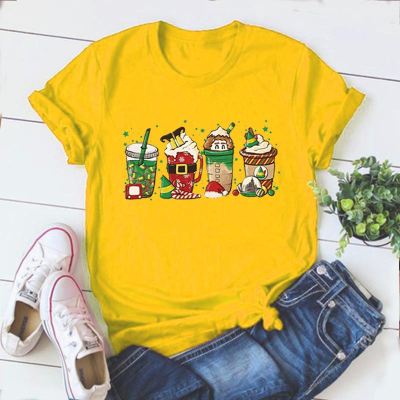 Cotton100% Women Holiday Christmas T‑Shirt, Elf Coffee Cup Print Graphic Casual Short Sleeve O‑Neck Ladies Party Daily Tees Tops