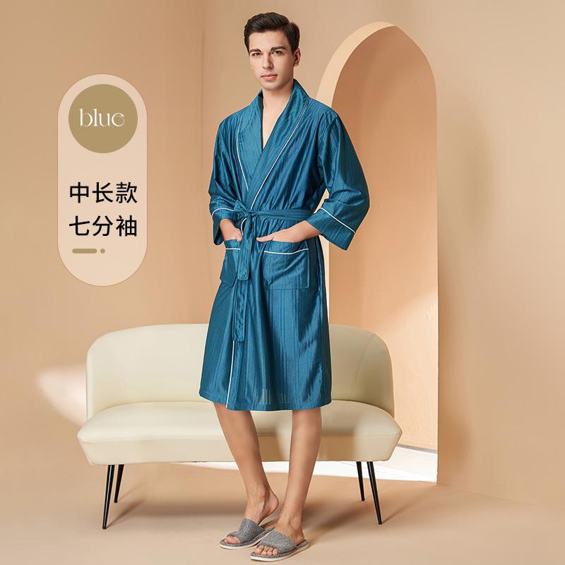 Peignoir fin printemps-automne pour couple avec poches, robe mi-longue à col en V pour homme, vêtements de nuit à lacets