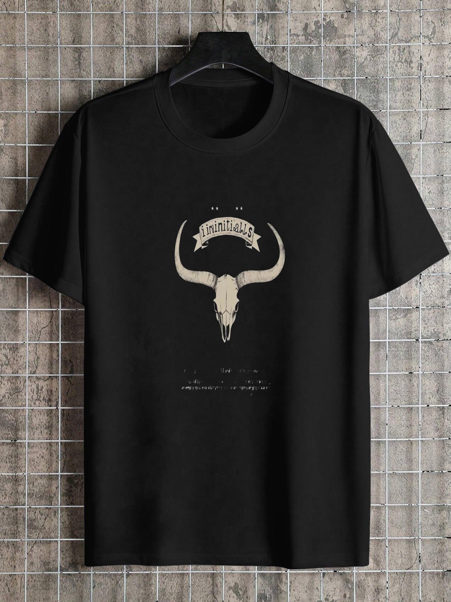 1pc Western Vintage Longhorn Skull & Stars Graphic T-shirt - 180g Cotton Crew Neck Short Sleeve S