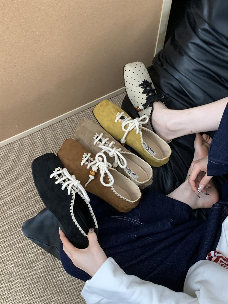 Korean version of retro square head flat-soled single shoes women's shoes 2025 autumn new versatile lace-up Mary Jane casual shoes