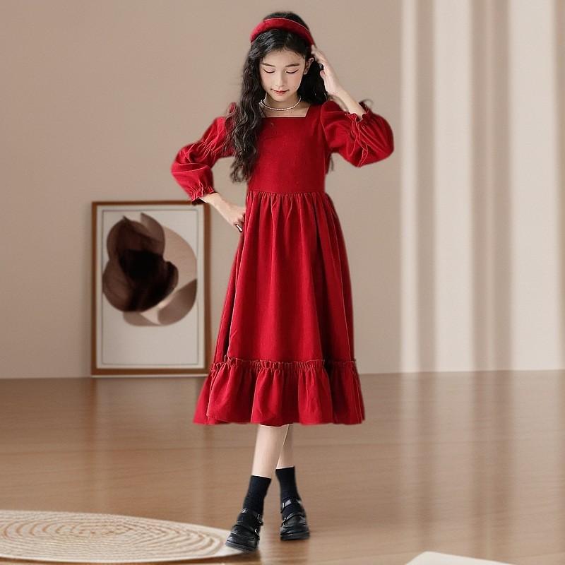 Girls Long Sleeve Dress Red Vintage Square Neck Princess Style Kids Clothing