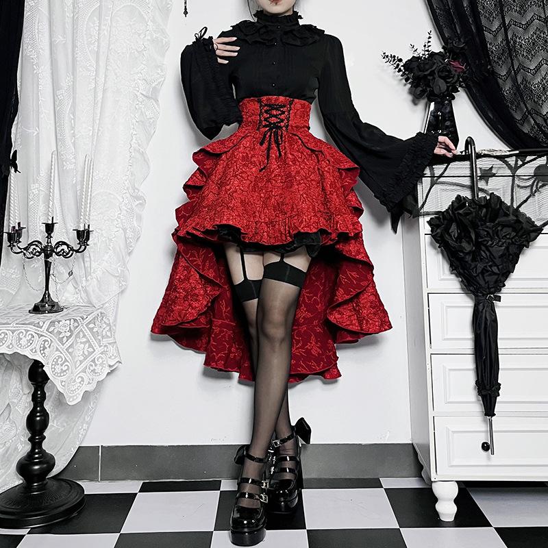 Damen Lolita-Stil Hohe Taille Geraffte Taille Schlepprock Jacquard Bandage Rock Rot Kurzrock