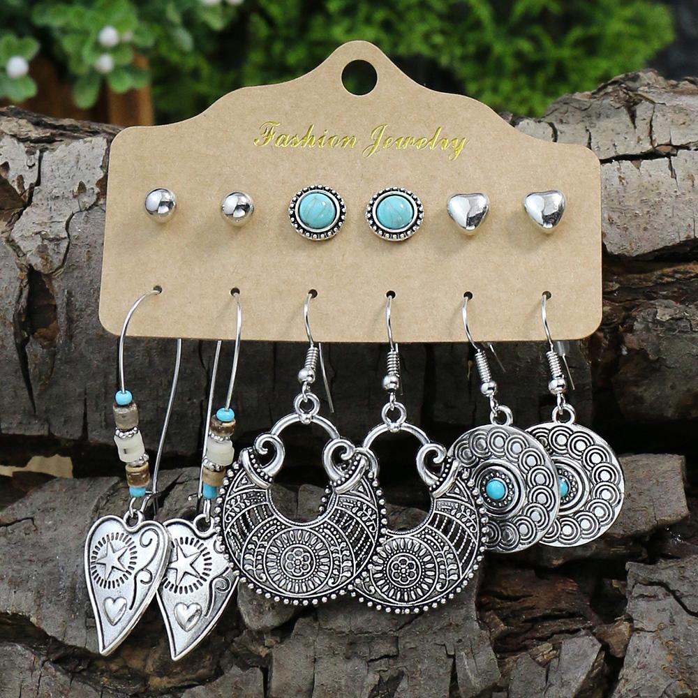 Vintage Fashion Earring Set Silver Plated Turquoise Inlaid Beaded Large Collar Snake Leaf Decoration Party Gifts