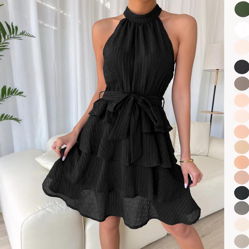 Women Casual Sleeveless Solid Color Bandage Chiffon Tiered Dress