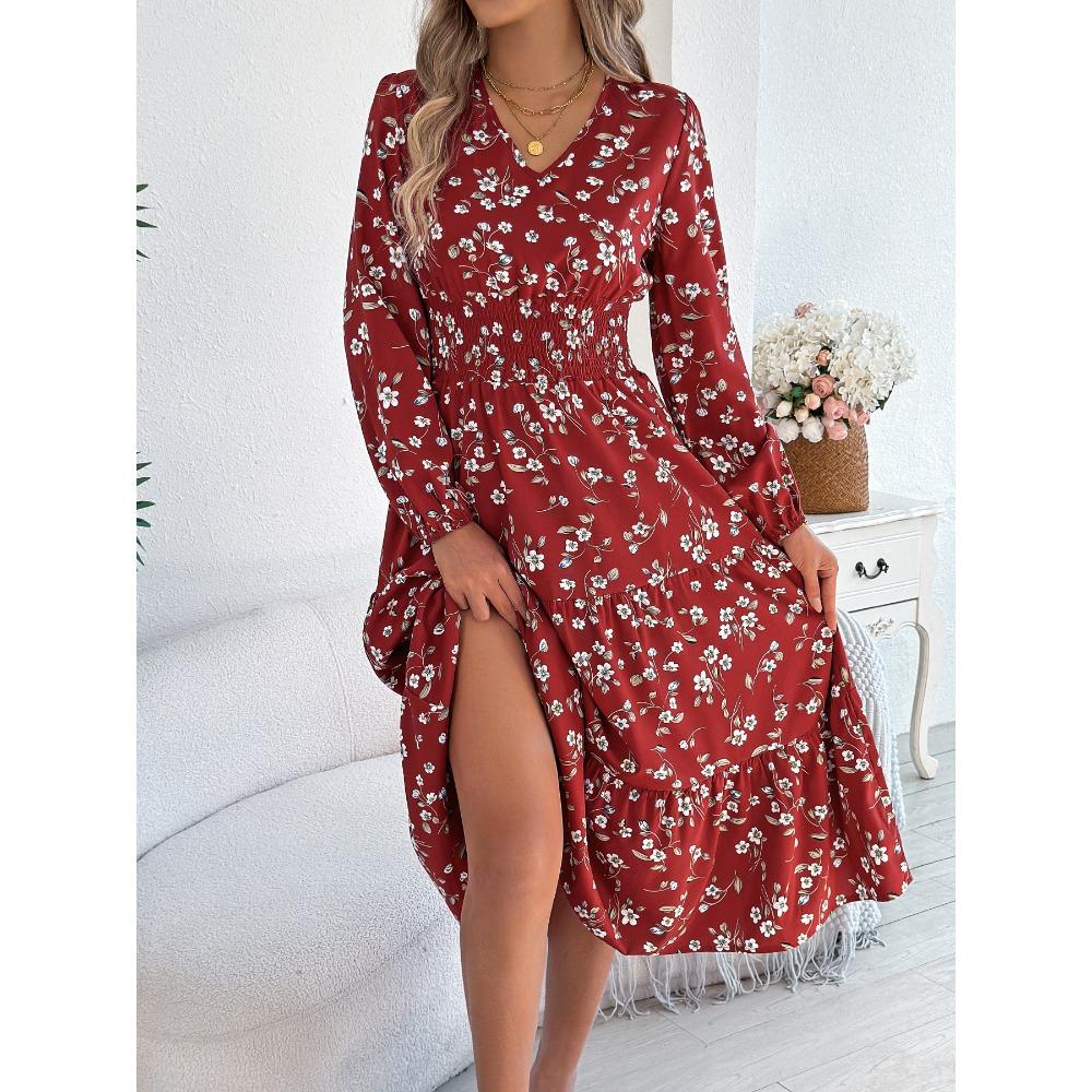 Robes Femme Mode Élégantes Florales Col V Manches Longues Taille Volants A-Ligne