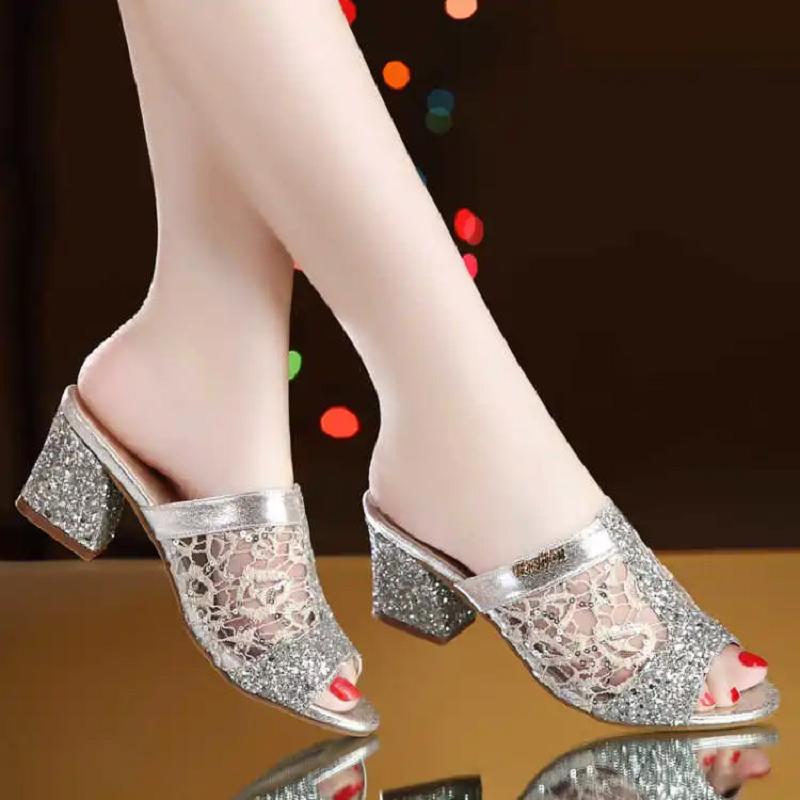  female sexy party night club spring & summer open toe square heel shoes women silver high quality sandal shoes ab778