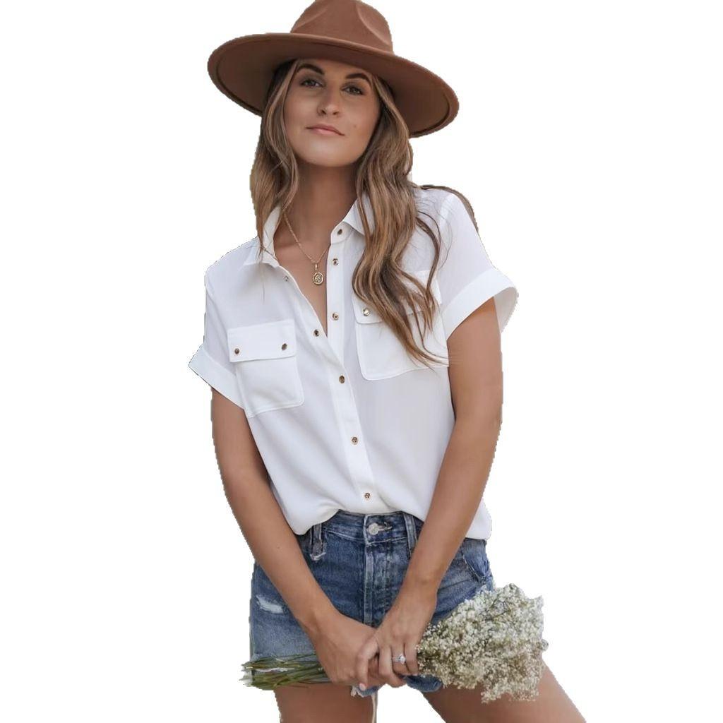 Chiffon Top Short Sleeved Button Up Women’s Blouses & Shirts