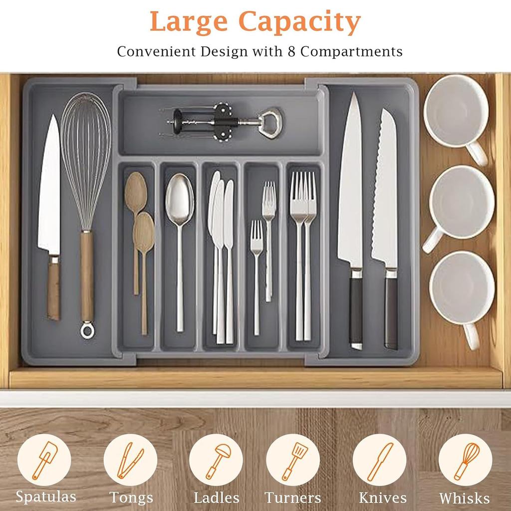 Cutlery Drawer Organiser Expandable Kitchen Drawer Storage Organiser Adjustable Cutlery Tray for Forks, Knives