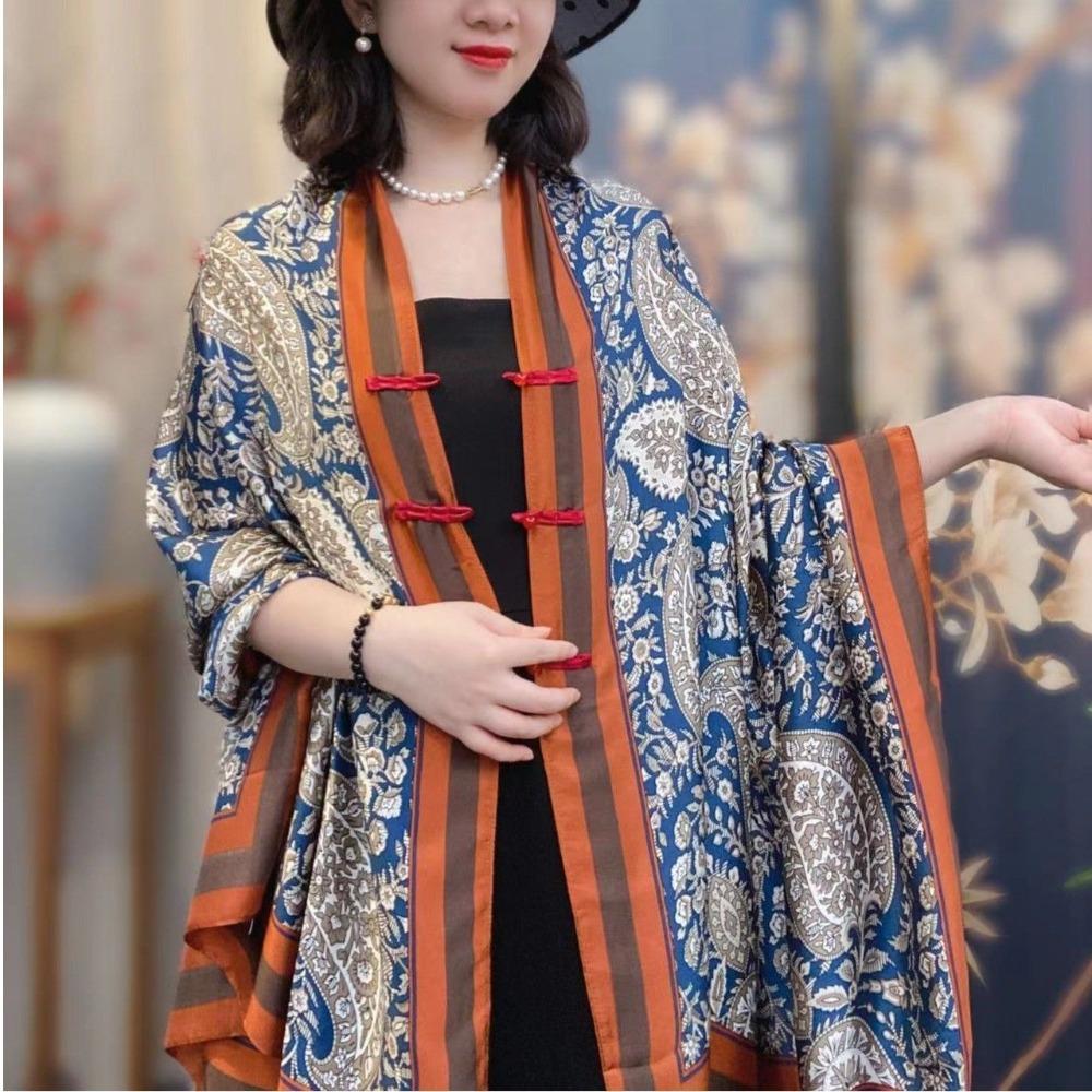 Ethnic Style Satin Buckle Shawl Coats Thin Air-conditioned Shirt For Women Lady Girl