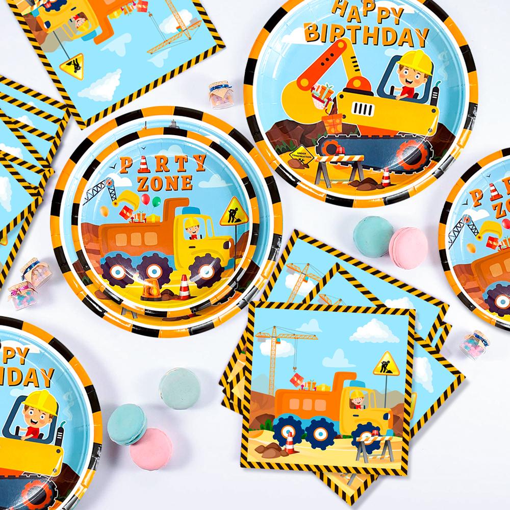 128-teiliges Bauparty-Geschirrset - Baugeburtstagsparty Teller Becher Servietten Tischdecke Banner etc Bauparty-Geschirr