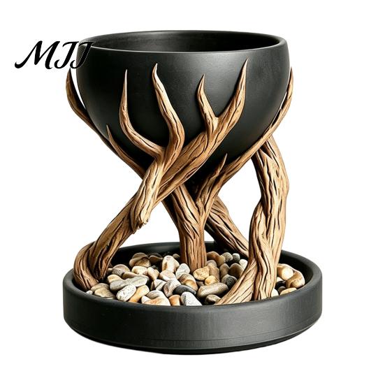 Indoor Plant Container 3D Printed Tree Root Planter, Bionic Wood Textured Flower Pot with Makeup Brush Organizer Drainage Hole, Succulent Desk