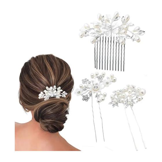 Pearl Hairpin Set (3 Pieces) - Handmade Floral Hair Accessories for Brides, Weddings, Graduations, Formal Events, and Kimonos (Silver)