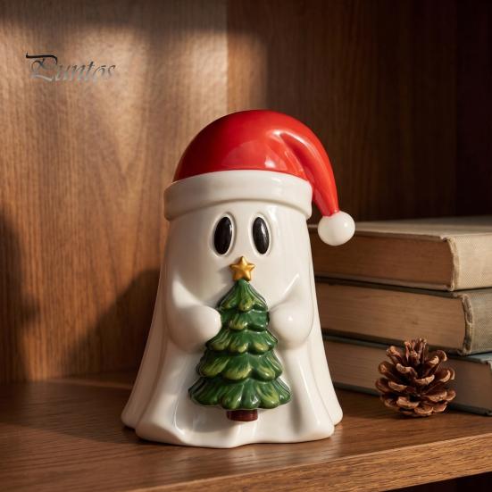 Handcrafted Resin Ghost Statues Christmas Figurine, Cute with Santa Hat Holding Gift Box Modern Minimalist Holiday Decor & Tree, Tabletop Ornament,