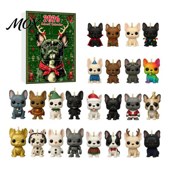 Dog Lover Christmas Gifts Bulldog Advent Calendar 2026, 24 Days Acrylic Puppy Ornaments Countdown Calendar, Fun Holiday Surprise Toys 2D Flat