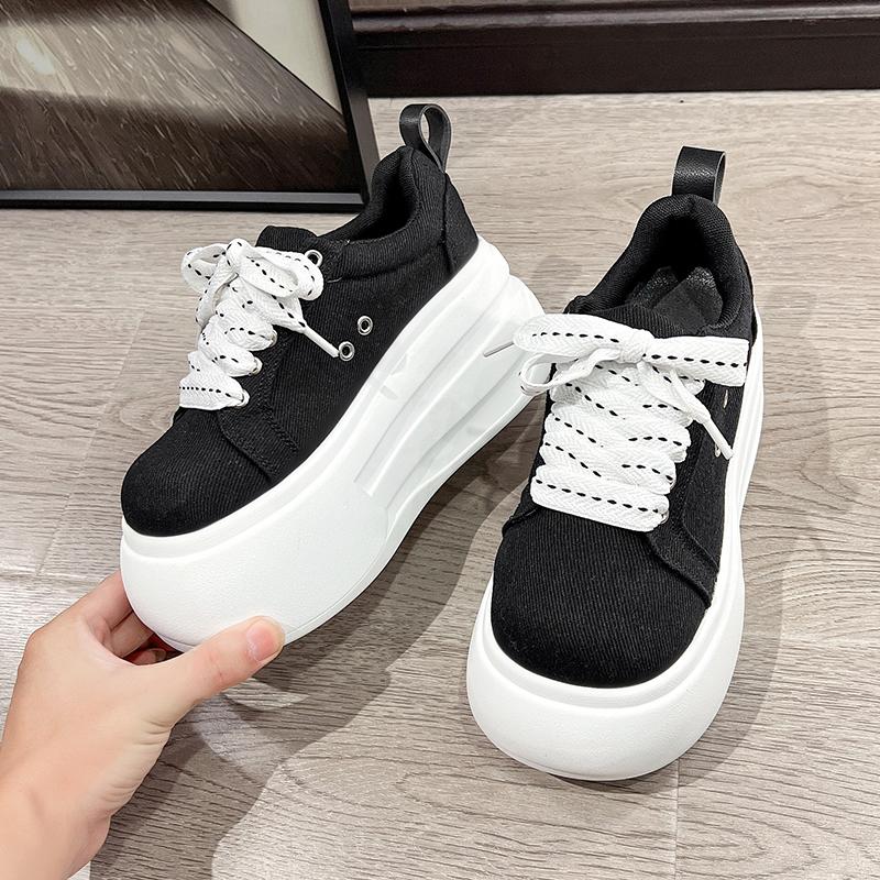 Fashion 8CM Women's Spring Canvas Thick Bottom Shoes Breathable Vulcanize Flats Shoes Sneakers Versatile Rubber Sole White Walking Shoes