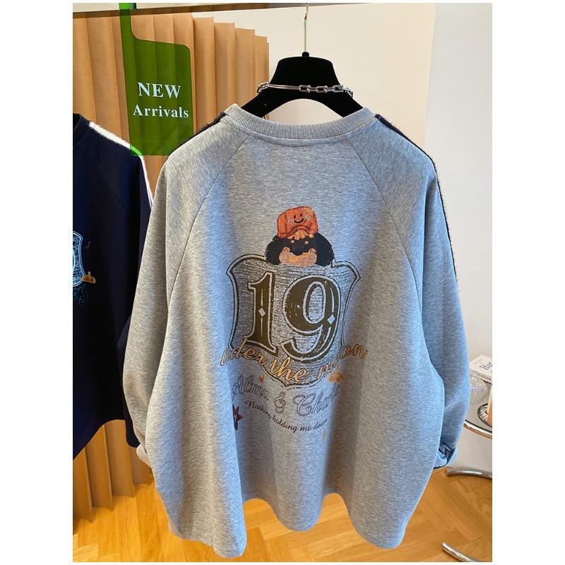 Korean Cartoon Letter Print Loose Large Version Plus Velvet Sweatshirt Women Autumn Sports Long-sleeved T-shirt Trendy