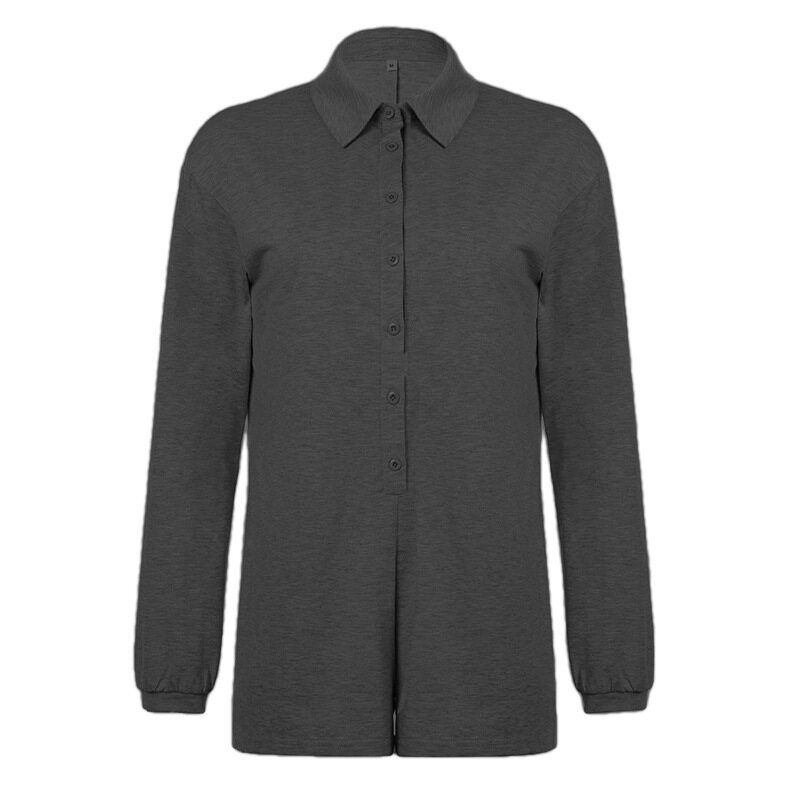 

American-Style Casual Loose Button-Up Jumpsuit, Solid Color, Simple Lapel, Basic Outerwear, Street Style, Long-Sleeve Short Jumpsuit for Women Black S