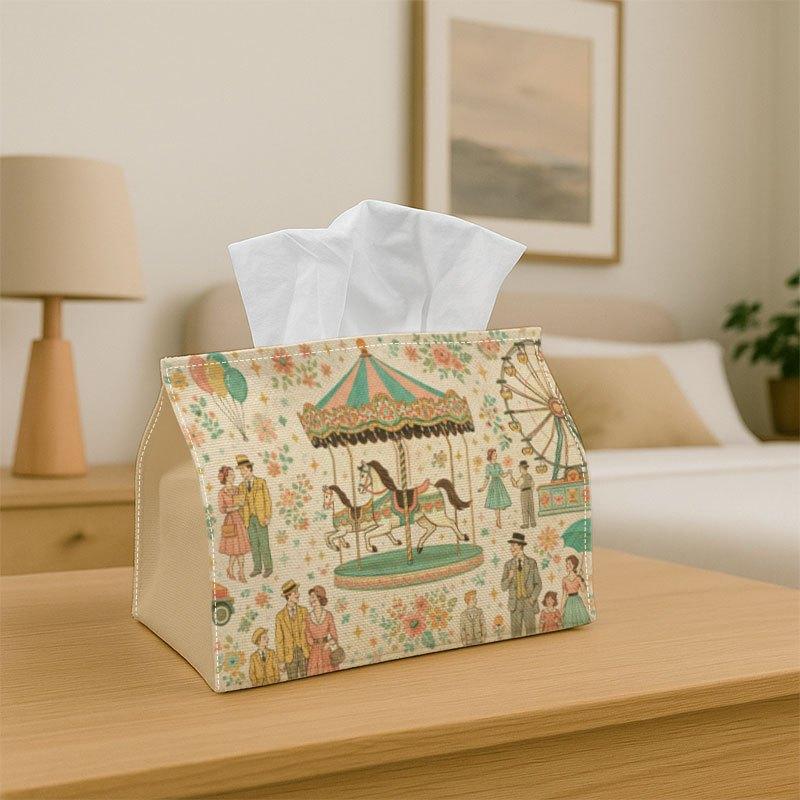 1pc Vintage Pastel Carousel Tissue Box Cover with Folk Landscape & Suitable for Home, Kitchen, Car Decor - Decorative Napkin Holder Cover for Tabletop