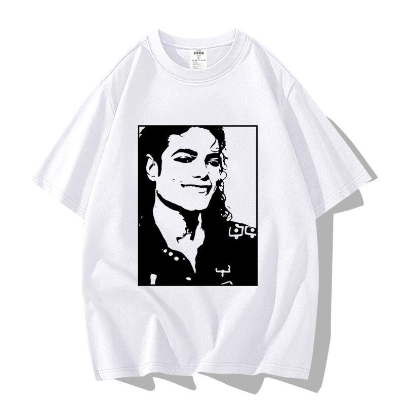 New 2026 Black and White Interlaced Portrait Painting By Kil Jackson. Pure Cotton T-shirt High-quality Streetwear Summer Tops