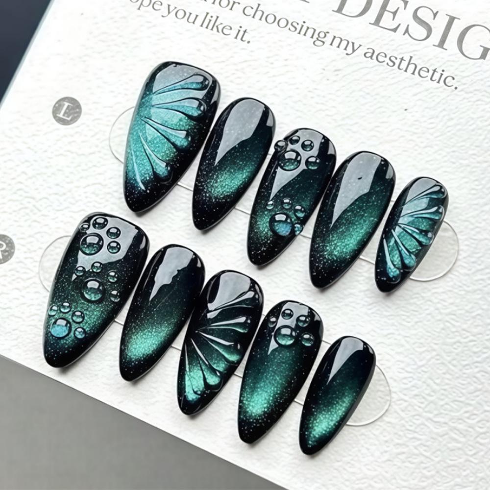 3D Epoxy Black & Green Gradient Cat Eye Removable Wearable Fake Nails Kit (30 Pieces)