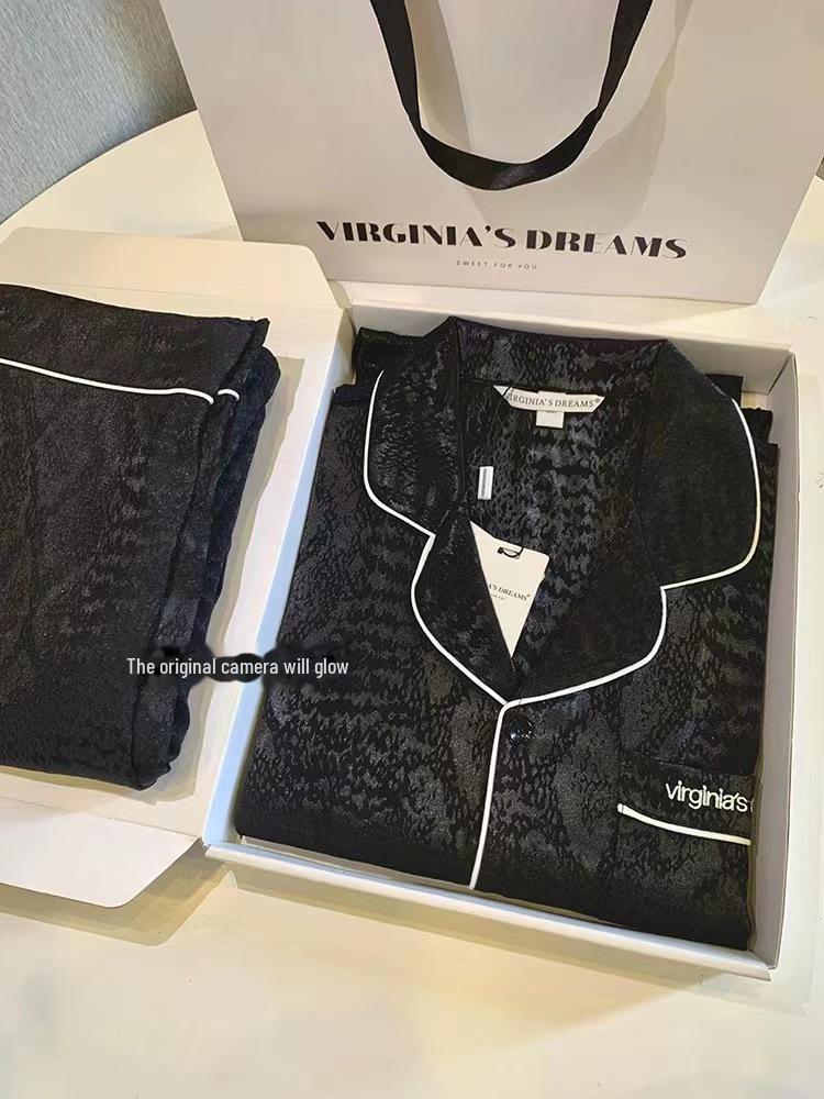 "Jarní luxusní pár pyžamový set z ledového hedvábí - top s dlouhým rukávem a žakárové kalhoty"