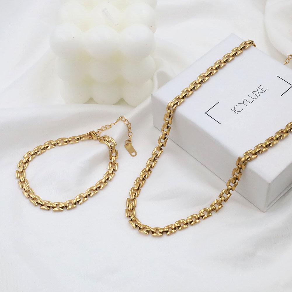 Unisex Retro Hip-Hop Metal Cuban Chain Watch Band & Necklace Bracelet Set