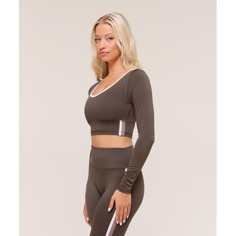 Gymshark Piping Long Sleeve Crop Top Walnut Brown Chestnut Pink Soft White B4c3t Nc87