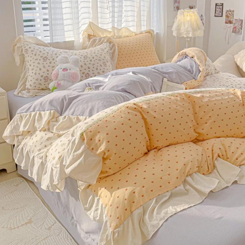 4pcs  Korean Lace Duvet Cover Set (1*Duvet Cover + 2*Pillowcase, Bed Sheet/fitted Sheet), Pink Checkered Print Bedding Set