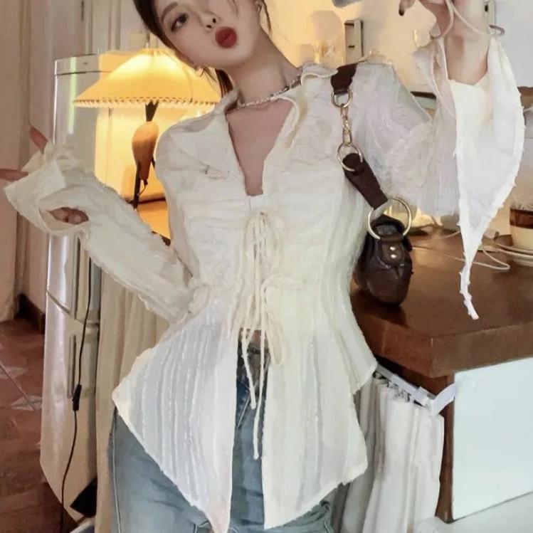 Fairycore Lace Up Blouse Women Long Sleeve New Turn Down Collar Shirts Feminina Ladies Cropped Tops Korean Fashion Chic