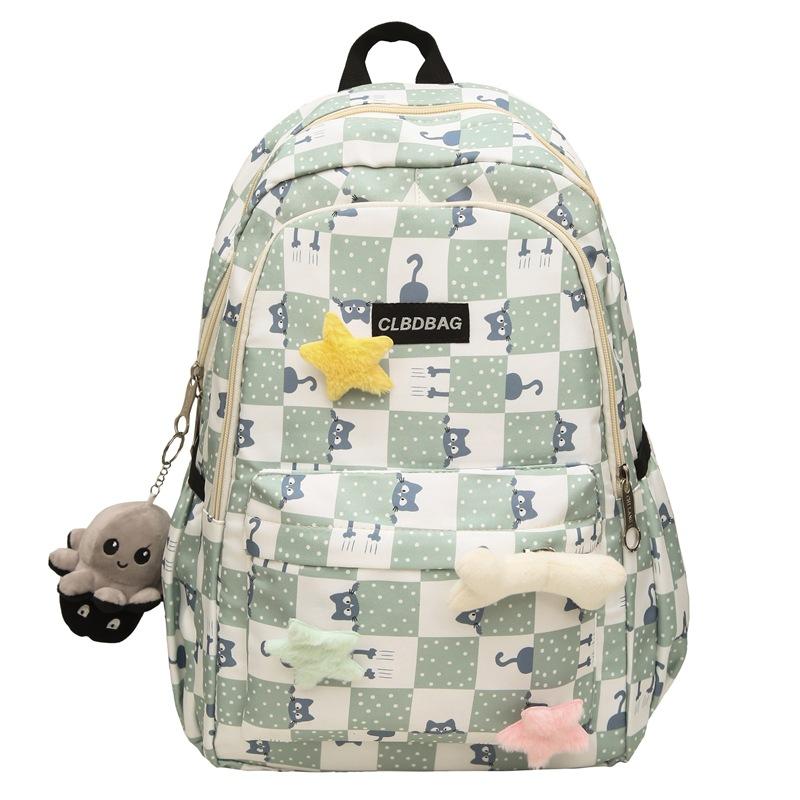 Plaid Cat Print Nylon Schoolbag Large Capacity Backpack High School Student Backpack