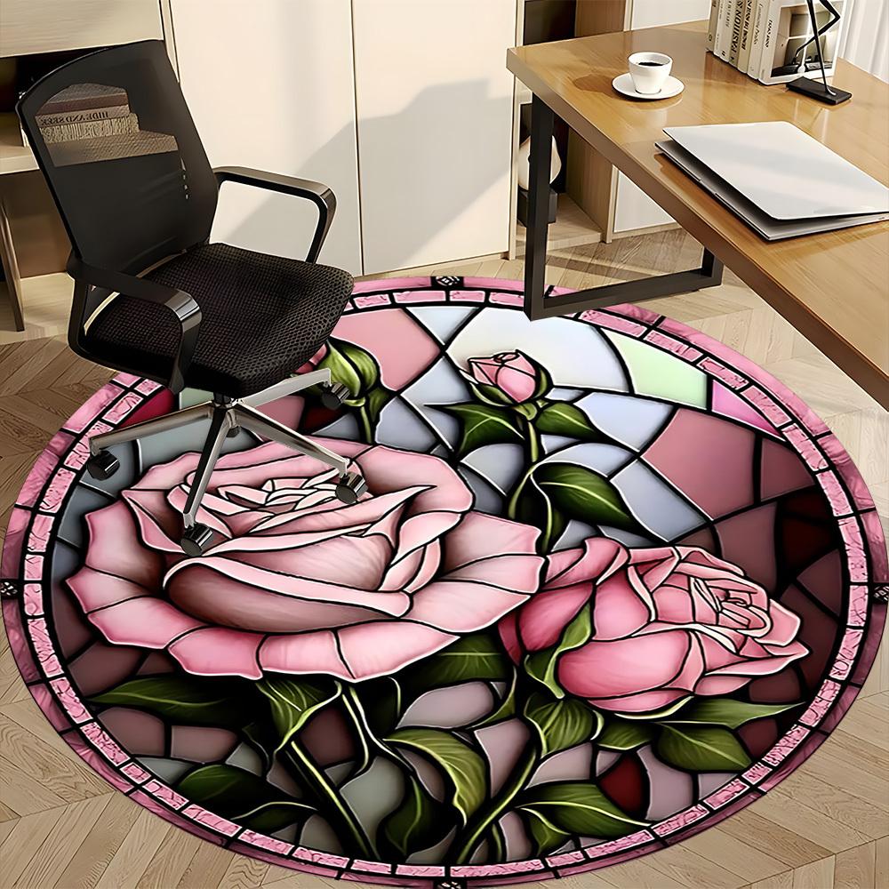 1pc Rose Window Office Round Area Rug, Indoor Mat Suitable For Office, Under Office Chairs Bedroom Living Room Home Decor, Room Deco