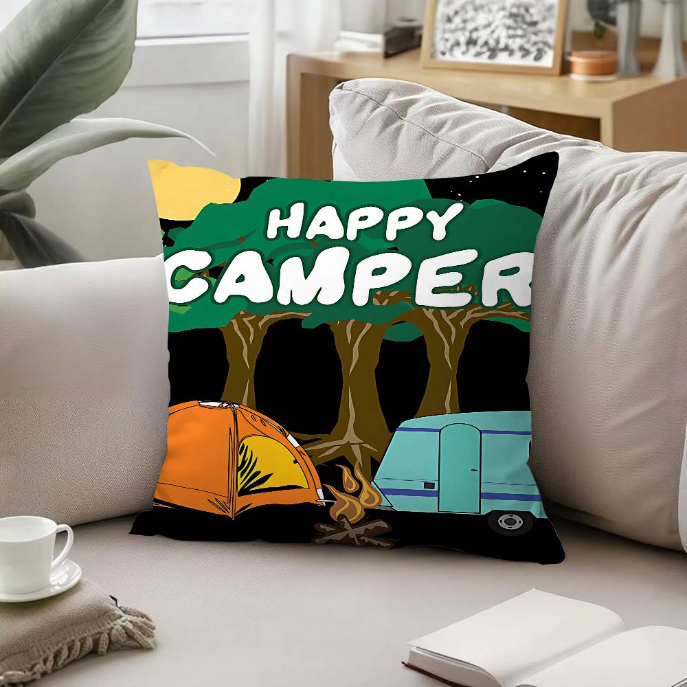 Happy Campers Pillow Case Pattern Printed Pillowcase For Living Room Sofa Cushion Cover & Bedroom Decor 40cmx40cm